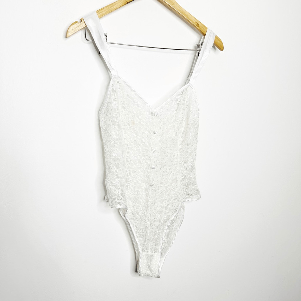 VTG 80s Gold Label VICTORIA'S SECRET WHITE LACE Teddy Semi Sheer high cut SMALL - Picture 3 of 7